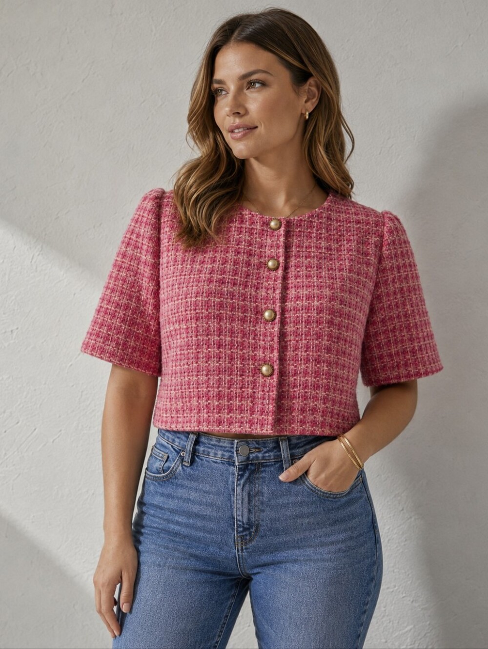 American Threads Pink Tweed Cropped Short-Sleeve Top/Jacket - Large